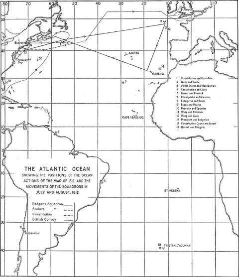[The Atlantic Ocean, showing the positions of the ocean actions of the War of 1812 and the movements of the squadrons in July and August, 1812]