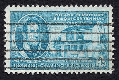 [Stamp commemorating the Indiana Territory Sesquicentennial, depicting William Henry Harrison and the first capitol]