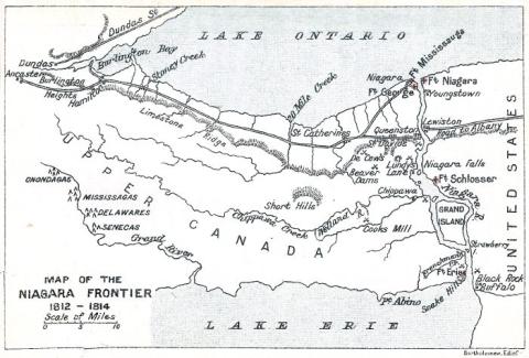 [Map of the Niagara Frontier, 1812–1814.  Map by John George Bartholomew.]
